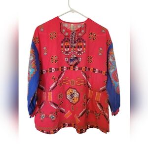 Vibrant Red and Blue Bohemian Top Size  XS ,excellent Condition